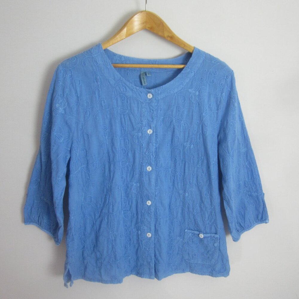 New Focus Fashion Womens L Blue 3/4 Sleeve Floral Embroidered Tunic Shirt NWT
